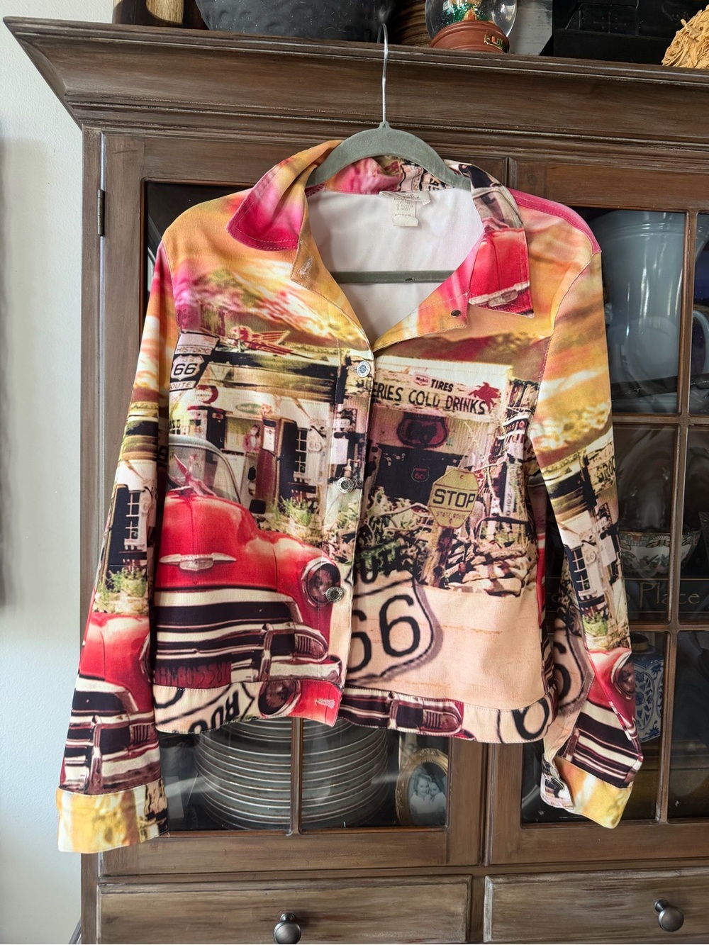 Vintage Route 66 Scenic Print Button-Up Shirt Jacket - Pink & Red